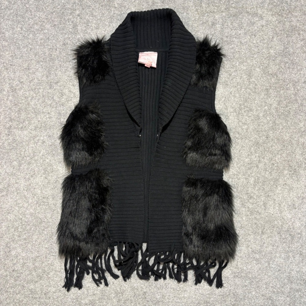 Romeo & Juliet Couture Black Faux Fur Trim Fringe Knit Vest Shawl Collar Medium
